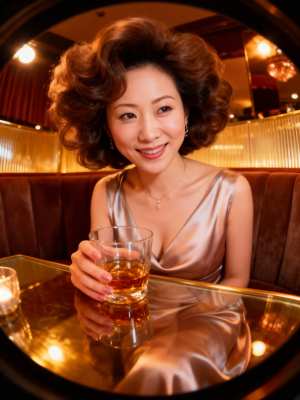 薄暗いレストランのテーブルに座り、ウィスキーのグラスを持った女性の写実的なポートレート。