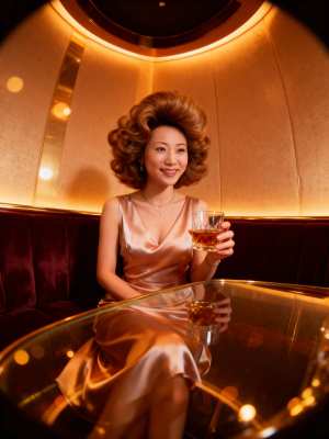 豪華なインテリアの丸いガラスのテーブルに座り、ウィスキーの入ったグラスを持ち、絹のよ...。