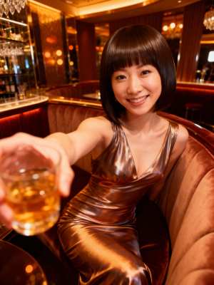 高級バーの雰囲気でウィスキーを飲みながら自撮りする女性を、自撮りアングルから写実的に...。
