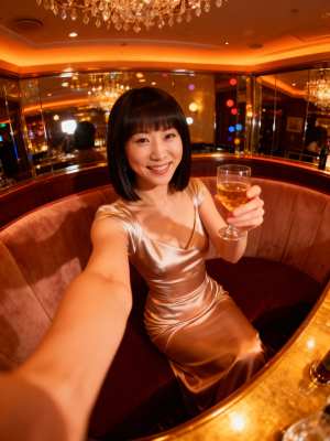 薄暗いバーでワイングラスを持ちながら自撮りする女性を、自撮りアングルから写実的に撮影。