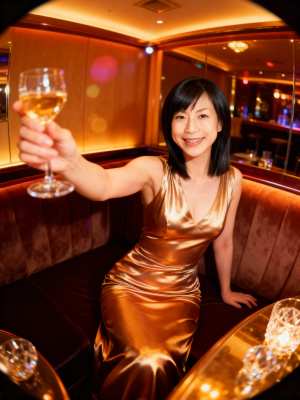 高級レストランで白ワインを飲みながらセルフィーを撮る女性を円形の視点から写実的に撮影...。