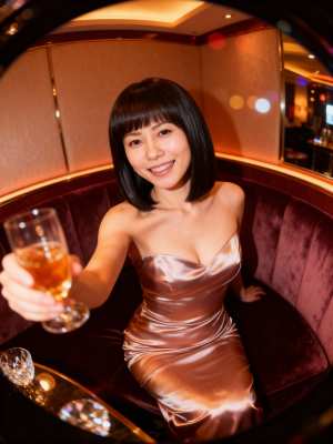 豪華な環境の中でコニャックのグラスを持った女性を円形のカメラ アングルから写実的に撮...。