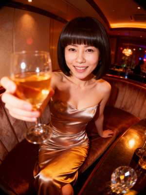 薄暗いバーの中でコニャックのグラスを持った女性を正面から写実的に撮影したもの。