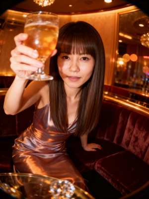 豪華なレストランでビールのグラスを持った女性をクローズアップカメラアングルから写実的...。