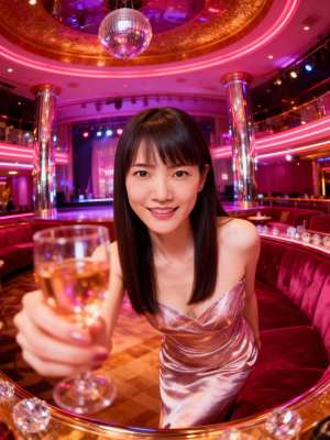 薄暗いナイトクラブの環境でシャンパンのグラスを持った若い女性を正面から写実的に撮影したもの。