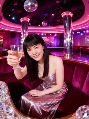 薄暗いナイトクラブの雰囲気の中で、シャンパンを飲みながらセルフィーを撮る若い女性を横...。