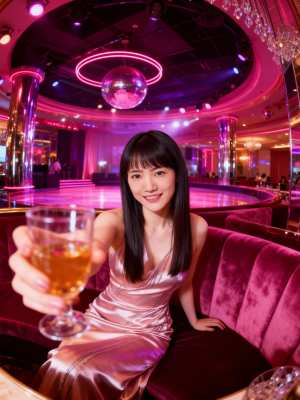 薄暗いナイトクラブのソファに座り、琥珀色の飲み物の入ったグラスを持った若い女性を正面...。