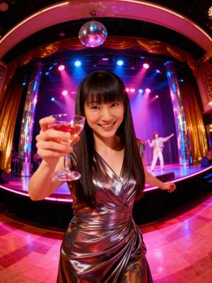 薄暗いナイトクラブの環境でワインのグラスを持った若い女性を正面カメラのアングルから写...。