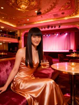 豪華な劇場で赤いベルベットのソファに座り、ウィスキーのグラスを持った女性を横から撮っ...。