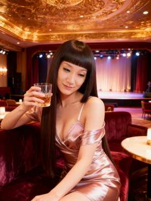 豪華な劇場の中で赤いベルベットのソファに座り、ウィスキーのグラスを持っている若い女性...。