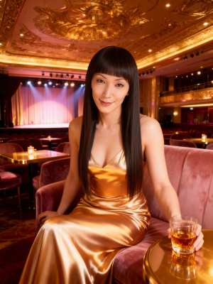 豪華な劇場の中で、エレガントな金色のサテンのドレスを着た女性がピンクのベルベットのソ...。