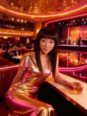 豪華な劇場の雰囲気の中で、光沢のあるゴールドのドレスを着てバーに座り、ウィスキーのグ...。