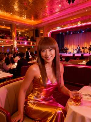 高級レストランの雰囲気の中で、ドリンクのグラスを持ちながら微笑む若い女性を正面から写...。