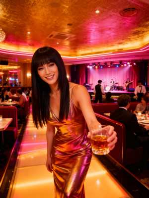 薄暗いレストランで、光沢のあるゴールドのドレスを着た女性がドリンクのグラスを持ってい...。