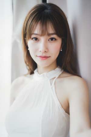 白いノースリーブのトップスを着た、中性的な表情の若い女性のポートレートをポートレート...。