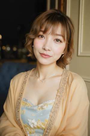 ウェーブのかかった短い茶色の髪と茶色の目をした若いアジア人女性のポートレート。