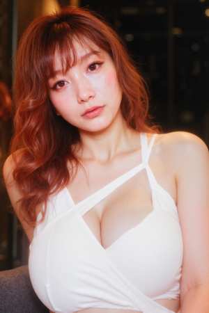 ウェーブのかかった赤茶色の長い髪と白い肌を持つ若い女性の写実的な肖像画。