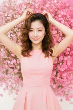 ピンクの桜の花を背景にポーズをとる若い女性をポートレート カメラ アングルから撮影し...。