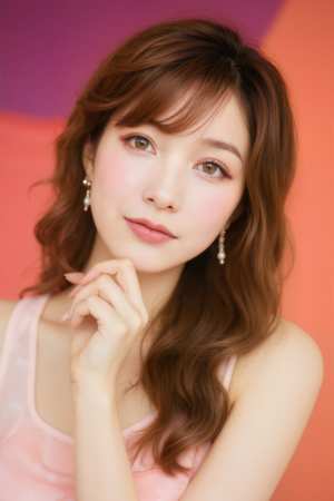 柔らかいピンクと紫のグラデーションの背景に対してリラックスした姿勢でポーズをとる、ウ...。