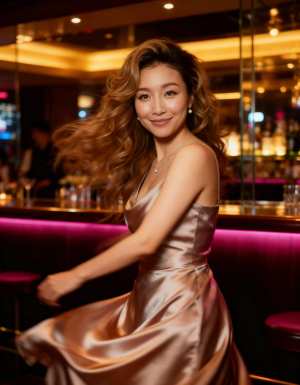 薄暗いバーのカウンターに座る豪華なサテンのドレスを着た女性をポートレート カメラ ア...。