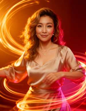 ウェーブのかかった茶色の長い髪を持ち、絹のようなベージュのドレスを着た中年のアジア人...。