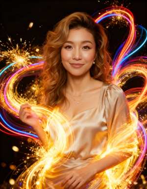 ウェーブのかかった茶色の長い髪を持ち、彼女の姿を強調する絹のような金色のドレスを着た...。