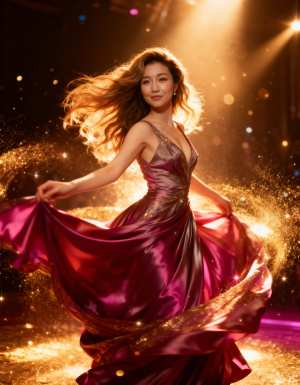 流れるようなきらめくドレスを着た美しい女性が、金色のライトと輝きを背景にステージ上で...。