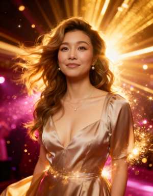 長くウェーブのかかった茶色の髪を持つ美しい女性が画像の中央に立ち、大きく開いたネック...。