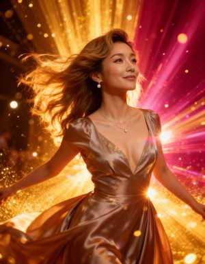 輝く光の活気に満ちた背景の中で、光沢のある茶色のドレスを着て楽しそうに踊る女性を、フ...。