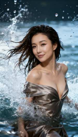 曲線を強調するシルクのようなオフショルダーのドレスを着て、水のプールに座る、濡れた黒...。