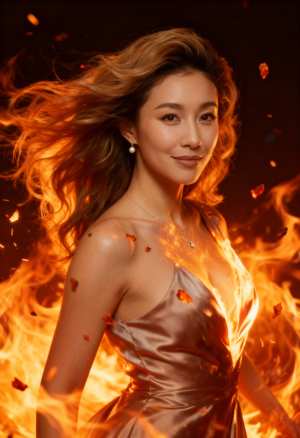 絹のようなドレスを着て、燃えるような背景の前に立つ女性をポートレート カメラ アング...。