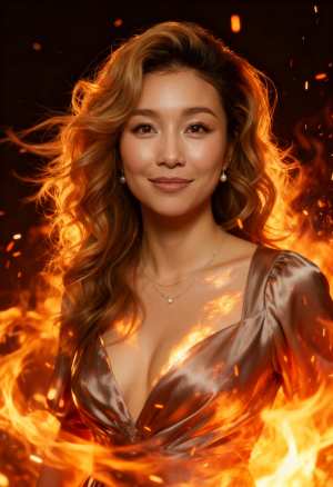 炎に囲まれた女性のポートレートをポートレート カメラ アングルから撮影した写実的なポ...。
