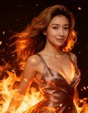 燃えるような背景の前に立つ、長くウェーブのかかった燃えるような髪を持つ美しい女性を、...。