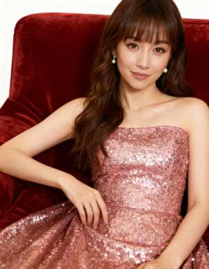 ピンクのスパンコールのドレスを着て赤いベルベットの椅子に座っている若い女性をポートレ...。