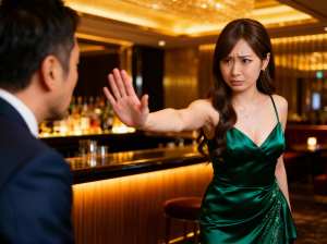 薄暗いバーに立っている緑のドレスを着た女性が、フォーマルなスーツを着た男性に向かって...。