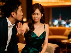 豪華なリビングルームでの男性と女性の緊張した会話を描いた映画のワンシーン。