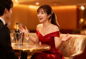 赤いスパンコールのドレスを着た女性がテーブルに座り、横にアイスペールに入ったシャンパ...。