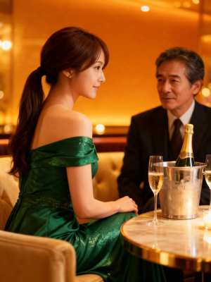 豪華なレストランでの女性と男性のロマンチックな瞬間を横から撮影したフォトリアルな写真。