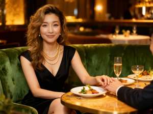 高級レストランのテーブルに座り、黒いドレスと真珠のネックレスを身に着け、後ろの男性と...。