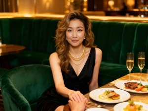 高級レストランのテーブルに座り、黒いドレスと真珠のネックレスを身に着けている女性を正...。