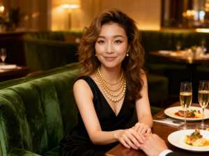 高級レストランのテーブルに座り、黒いドレスとパールを身に着け、カメラに向かって微笑む...。