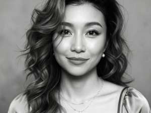 ウェーブのかかった濃い茶色の長い髪と中性的な表情を持つ若い女性の白黒のポートレート。