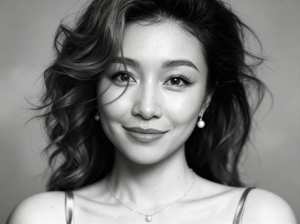 ウェーブのかかった黒髪の若い女性が、温かく魅力的な笑顔でカメラを直接見つめている白黒...。