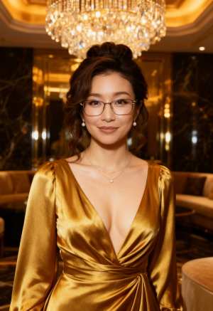 豪華な環境の中で、眼鏡と金色のドレスを着た女性のポートレートを、ポートレート カメラ...。