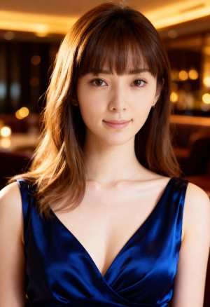 背景にぼやけたボケ味の光が入った薄暗いレストランの中に立つ、長くて真っ直ぐな茶色の髪...。