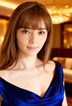 長いストレートの茶色の髪と前髪を持ち、スリムな体を強調する青いワンショルダーのノース...。