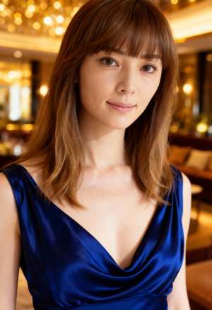 青いシルクのドレスを着た、長くまっすぐな茶色の髪と前髪を持つ若い女性のポートレート。