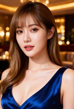 胸の谷間が見える深いVネックの青いサテンのドレスを着た、長くまっすぐな茶色の髪と白い...。