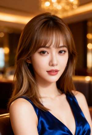 青いサテンのドレスを着た、長くストレートな茶色の髪の若い女性をポートレート アングル...。