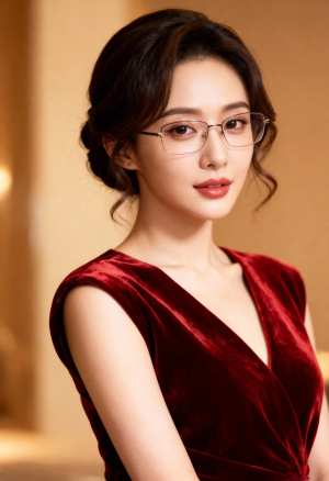 メガネと赤いベルベットのドレスを着た、中性的な表情を持つ若い女性の写実的なポートレート。